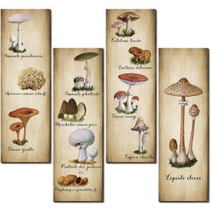 Yookeer 4 Pcs Vintage Mushroom Wall Decor Mushrooms Art Wooden Sign Rustic Mushroom Kitchen Decor Fungus Aesthetic Poster for Bedroom Dining Room Living Room Office(15.7 x 5.2 Inch)