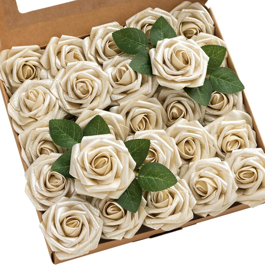Ling's moment Artificial Flowers 25Pcs Champagne Gold Roses Decor w/Stems,3" Real Touch DIY Foam Floral for Wedding Bouquet/Centerpieces, Outdoors Party Backdrop, Room/Table, and Garden/Pot Decor