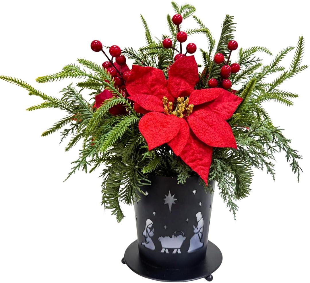 Lighted Christmas Centerpiece Metal Potted with Timer Christmas Nativity Scene Black Metal Base with Xmas Poinsettia Pine Needles Red Berries for Table Centerpiece Holiday Xmas Decor