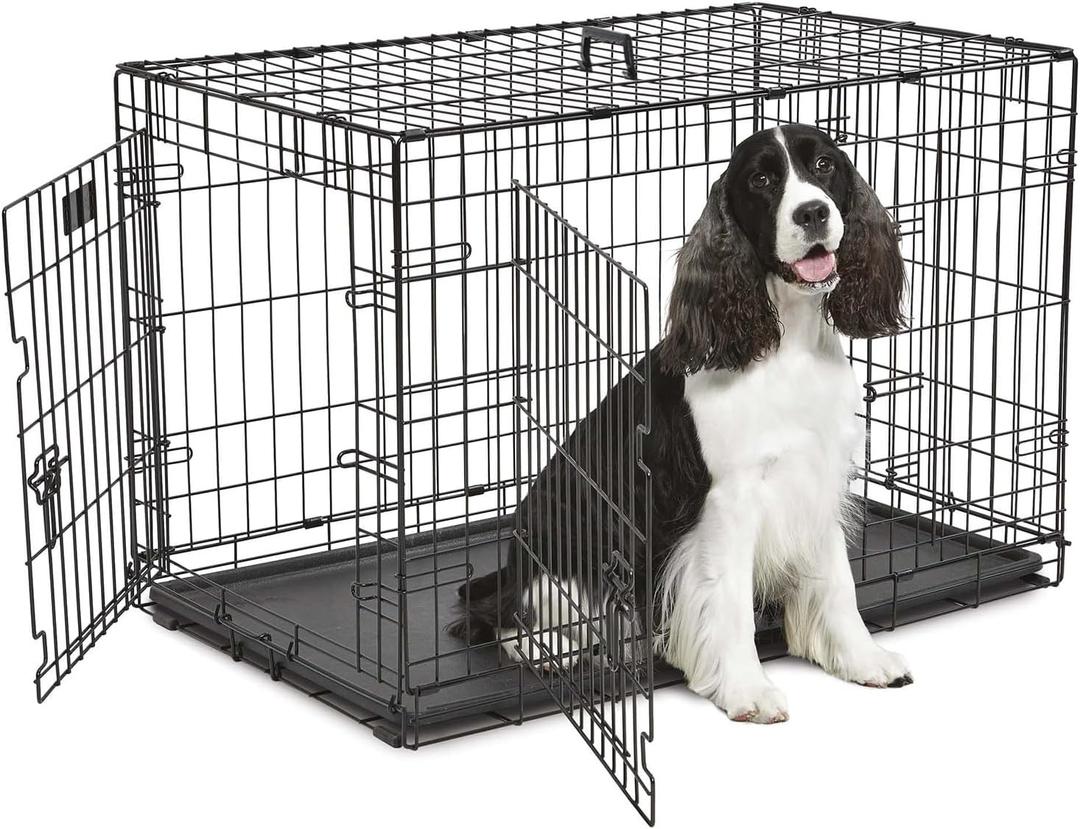36 Inches Dog Crate Large Foldable Dog Kennel Metal Wire Pet Dog Cage with Double-Door Leak-Proof Tray Divider Panel and Handle for Dog Cat Pet,Black 36”X25”X22.5”