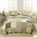 Vctops Boho Patchwork Cotton Quilted Bedspread Quilt Set King Size 3 Pieces Soft Reversible Lightweight Coverlet Set Floral Print 1 Quilt and 2 Pillow Shams (Green D,King)