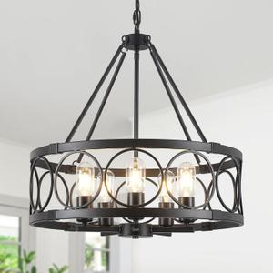 5-Light Farmhouse Chandelier for Dining Room Light Fixture,Modern Rustic Round Black Chandelier Over Table with Hanging Kitchen Drum Light Fixtures for Living Room Bedroom Entryway Foyer