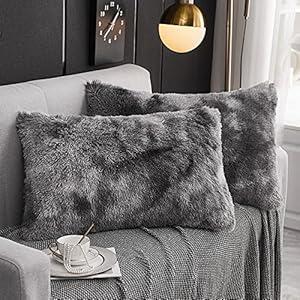 WERDIM Shaggy Faux Fur Pillowcases 2 Pack Button Closure Velvet Pillow Shams King Size (Tie Dye Dark Grey, 20 X 36 Inches)