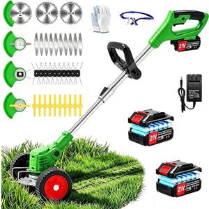 21V Electric Weed Wacker Cordless Weed Eater Battery Powered, Lightweight No String Trimmer with 2 Battery Operated&Wheels,4 in 1 Stringless Grass Trimmer/Brush Cutter/Lawn Edger/Mower for Garden Yard