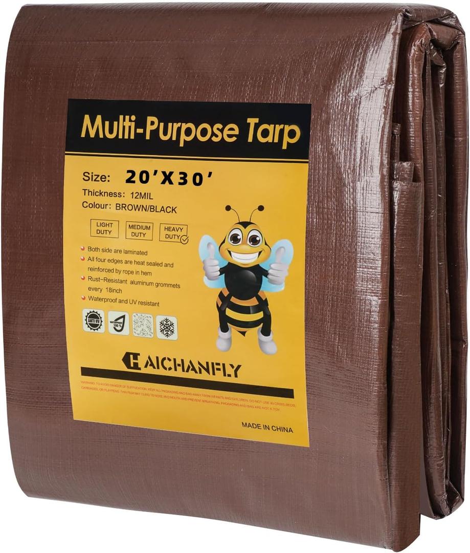 Heavy Duty Double-Sided Waterproof Poly Tarp 20x30 Feet 12mil Thick Polyethylene Tarps, Perfect for Outdoor Use, Plastic Cover & Mat for Tent Camping Storage Boat Bikes Vehicles, 20' x 30' 1psc
