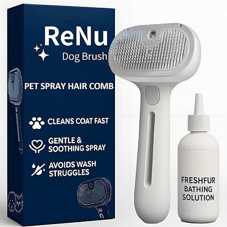 Renu Dog Brush, Renu FreshFur Dog Shower Brush + Bathing Solution, 3 in 1 Self Cleaning Steamy Pet Brushes, Dogs Grooming Tool for Long & Short Hair, Removes Loose Hair Reduces Shedding (White)