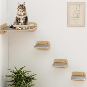 Megidok Cat Wall Furniture Corner Climbing Shelf Perches, Cat Bed Wall Mounted with 3 Wide Steps,Modern Floating Stairs for Wall Indoor Cats up to 22 Lbs for Cats - Wood Color