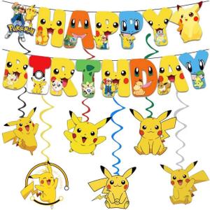 For JP Pokemon Happy Birthday Banner, Party Decoration With 6 Vortex Decorative Pendants