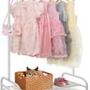 YGJT Kids Clothing Rack, Baby Clothes Rack for Hanging Clothes with Wheels and Bottom Storage Shelf, Small Toddler Garment Rack Kids Dress Up Storage Rack for Coats, Skirts, Dance Costume(White)