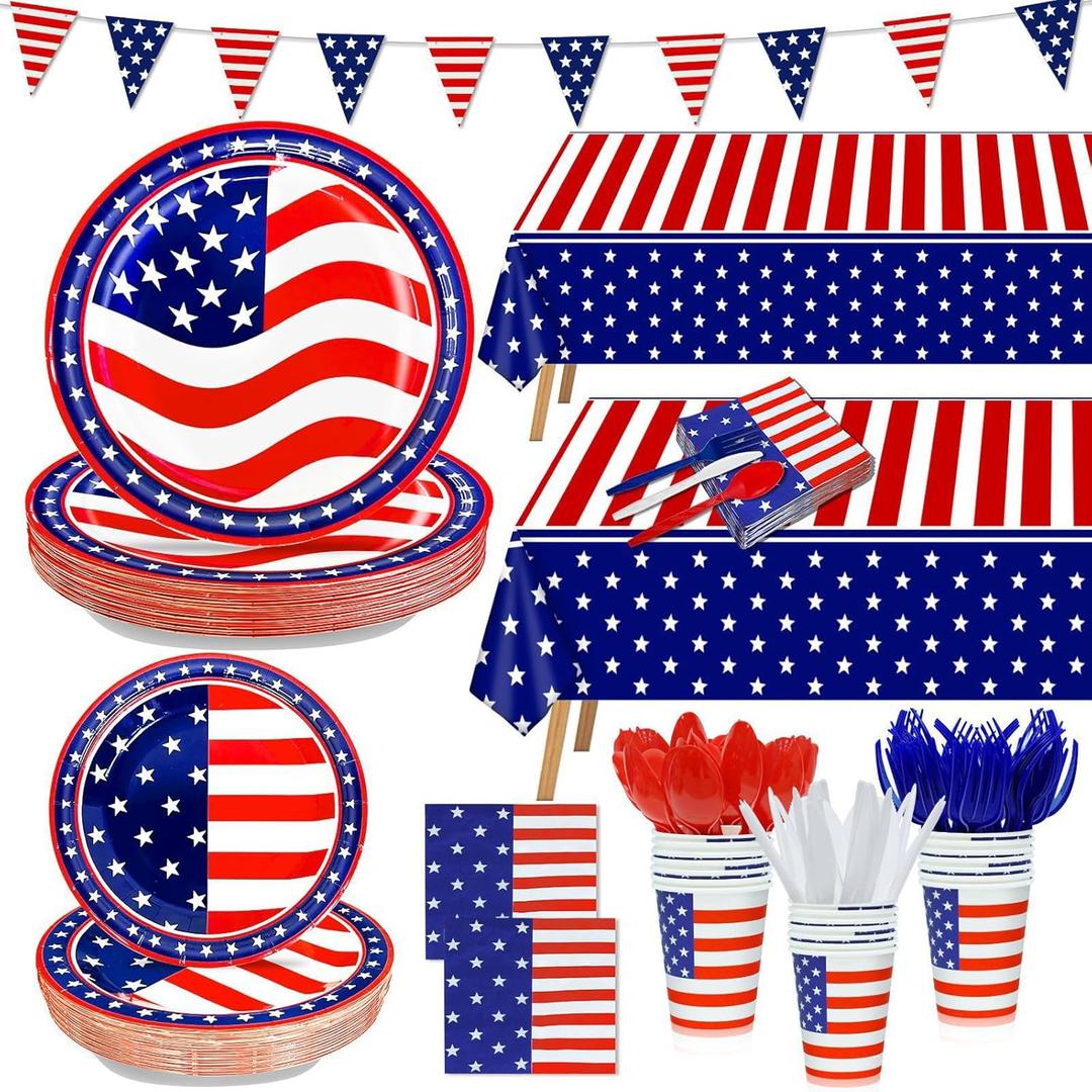 243Pcs 4th of july Decorations - Serve 30 - American Flag Patriotic Party Supplies Set Tablecloth Napkins Plates Cups Red White Blue Spoons Knife Forks Banner Straws Independence Day Party Tableware