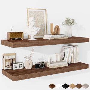 Fun Memories Floating Shelves - 2 Pack 12 Inch Deep Rustic Wooden Wall Shelves - Extra Deeper & Thicker Wall Mounted Storage Shelf for Living Room, Kitchen, Farmhouse - 36" W x 12" D x 1.5" H - Walnut