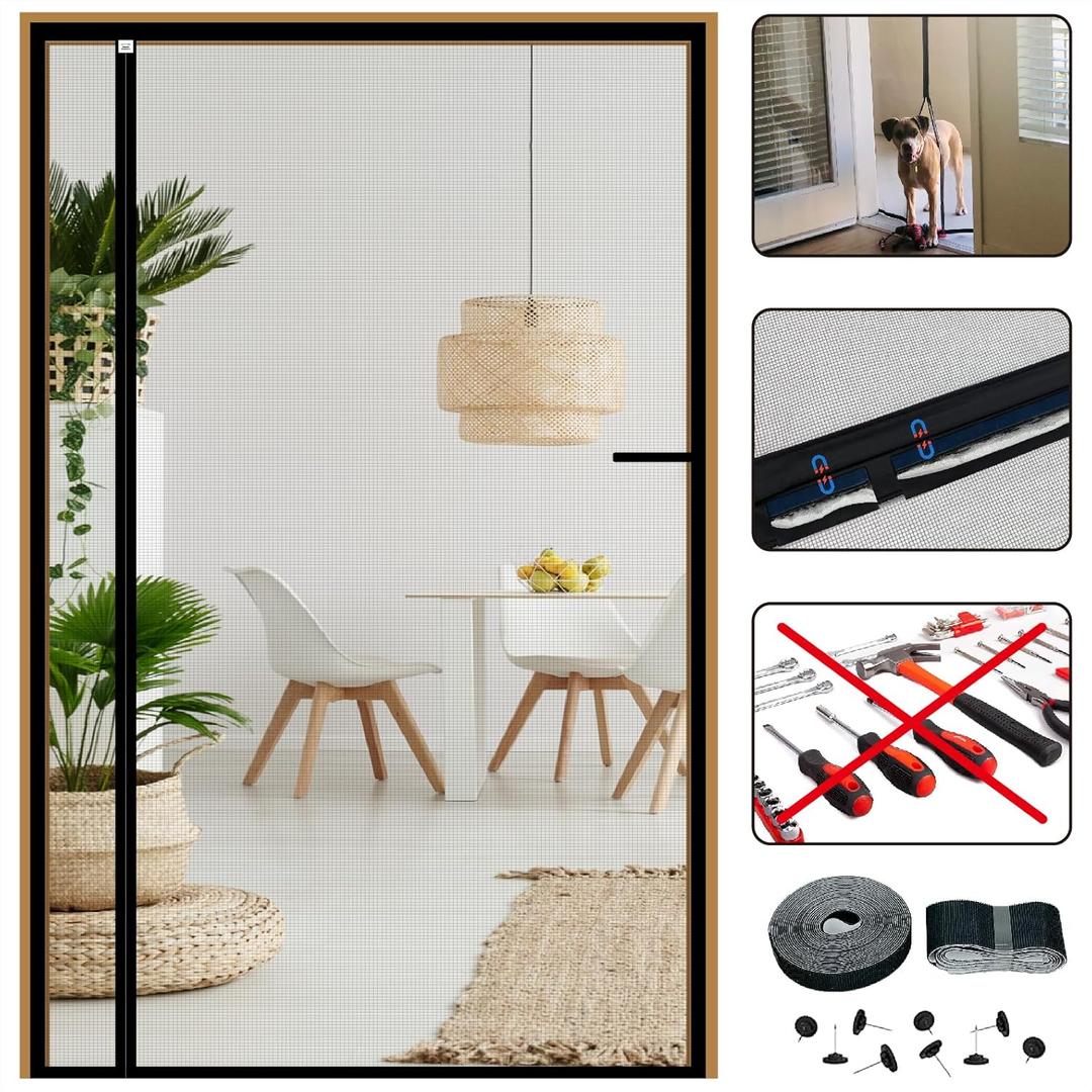 Reversible Left Right Side Opening Screen Door Mesh Magnetic Closure Heavy Duty, Self Closing Fiberglass Bug Net with Magnet for Sliding Doors & Doorway, Pet Friendly, 32 x 80 inch