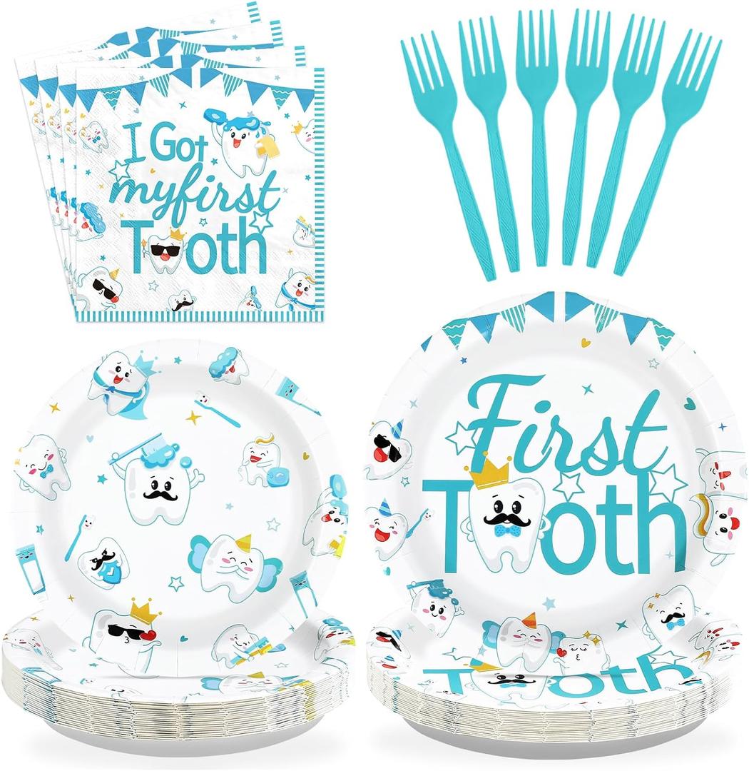 96Pcs First Tooth Party Supplies Blue Dental Plates and Napkins Disposable Cute Cartoon Tooth Fairy Dentist Tableware Set for Baby's Teeth Dentist Clinic Baby Shower Party Decorations Serves 24