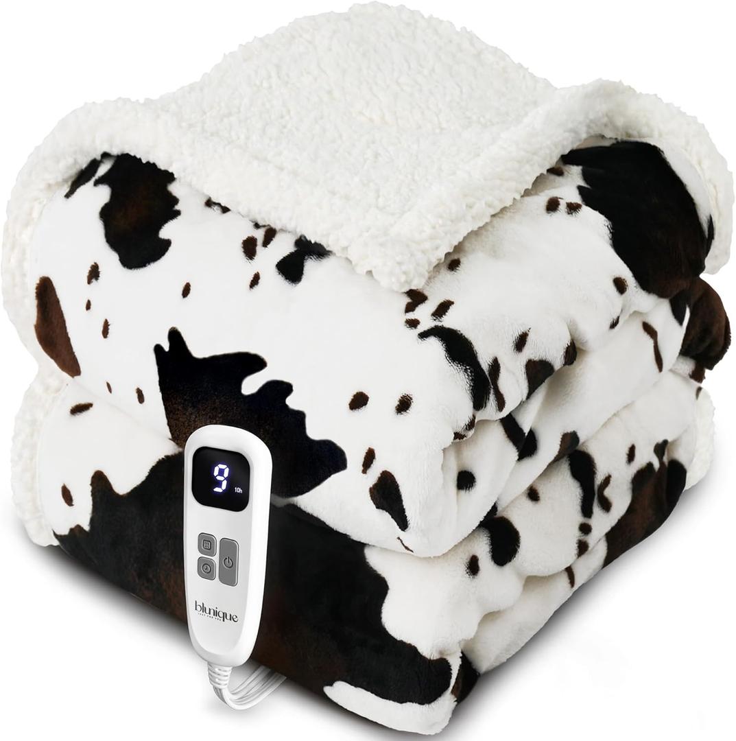 blunique Heated Blanket Throw Blanket - Fast Heating Electric Blanket, Soft Flannel Heated Throw with 10 Time Settings,10 Heating Settings, Warm Gifts for Women & Mom & Grandma(50"x60"Cow Pint White)