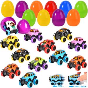 SpringFlower Easter Egg Filled with Pull Back Monster Car Trucks for Kids Easter Party Favor, Easter Egg Hunt, Basket Stuffer, Easter Basket Essentials, Classroom Rewards for Boys Kids, 12 Pack