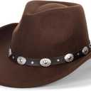 Kids Western Cowboy Hat Wide Brim with Band Wool Felt Vintage Jazz Fedora Cowgirl Hats for 3-7 Years Boys Girls (Medium, Coffee-q2)