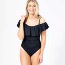 La Blanca Women's One Piece Swimsuit Over The Shoulder Ruffle Sleeve Tummy Control Island Goddess Bathing Suit, Size 8