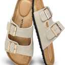 Womens Flat Sandals Cork Footbed Slides 2 Straps Adjustable Buckle Slip On Summer with +Comfort Shoes, Size 5