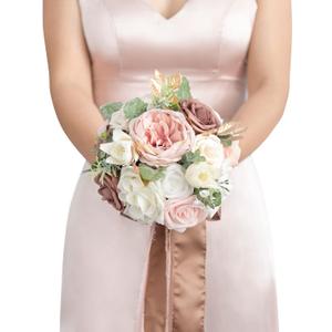 Ling's moment Dusty Rose Artificial Wedding Flower Bouquets for Bridesmaids Pink Floral Bouquet Blush Bridesmaid Bouquets with Ribbon Ceremony Anniversary,7-inch Diameter
