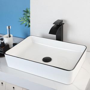 20 Inch Large Bathroom Vessel Sink with Waterfall Faucet and Pop-Up Drain Combo,White Ceramic Sink Basin Rectangular Bathroom Sink Above Counter with Black Rim