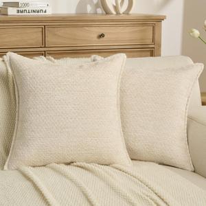 FUTEI Pack of 2 Solid Chenille Throw Pillow Covers 18x18 Inch Soft Grainy Textured Decorative Cushion Cases Modern Farmhouse Accent for Couch Bed Living Room, Cream