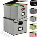 Qerlei File Organizer Boxes with Lids,Collapsible File Folder Organizer with Plastic Slide,Collapsible Filing & Storage Boxes for Office/Decor/Home (Grey, 2 Pack)