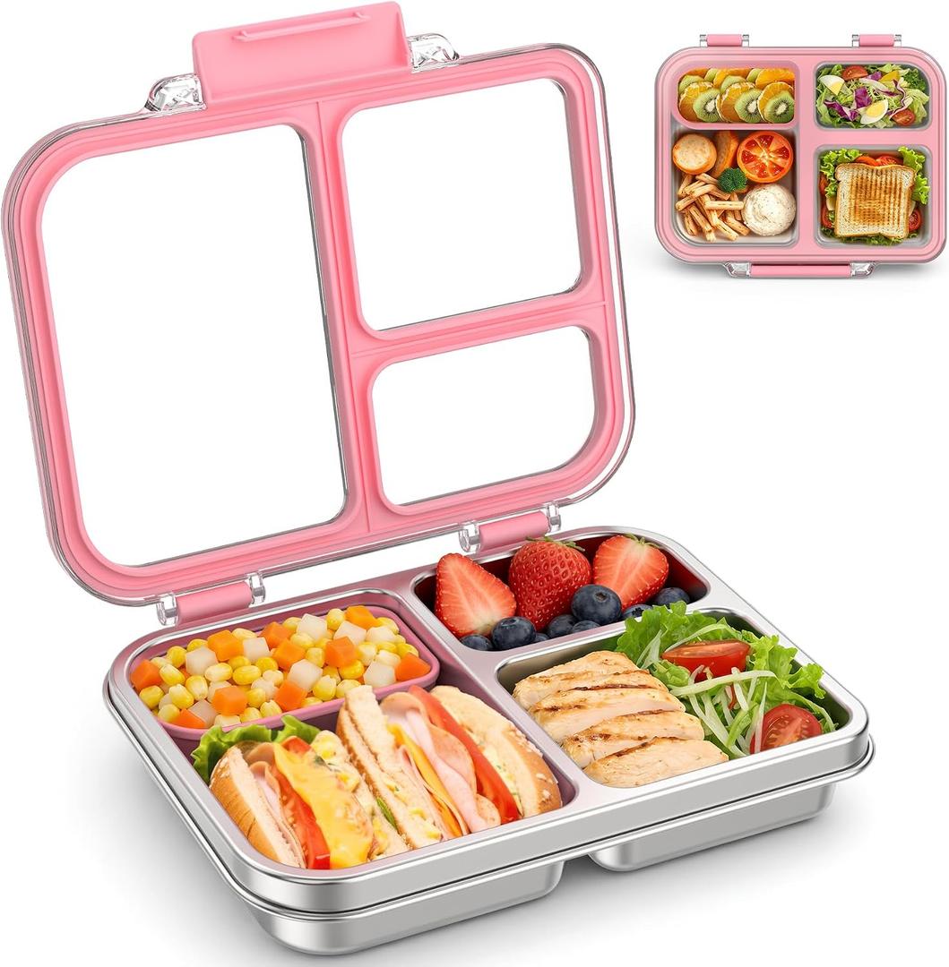 Stainless Steel Bento Lunch Box for Kids Adults, 3 Compartments Metal Bento Box with Transparent Lid & Silicone Container for Kids,Dishwasher-Safe,School & Travel,BPA-Free(Pink)