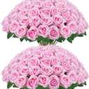InnoGear 50 Pcs Pink Roses Artificial Flowers, Fake Velvet Silk Rose Bulk Faux Flower for Decoration DIY Wedding Centerpieces Proposal Bridal Bouquets Shower Party Home Floral Decor (50, Pink)