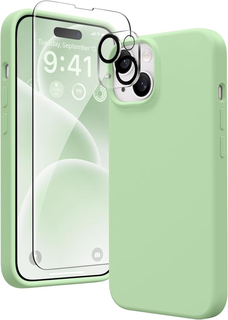 GONEZ for iPhone 15 Case, Liquid Silicone Case with [1 Screen Protector + 1 Camera Lens Protector], Anti-Scratch Soft Microfiber Lining Shockproof Protective Phone Cover 6.1", Green