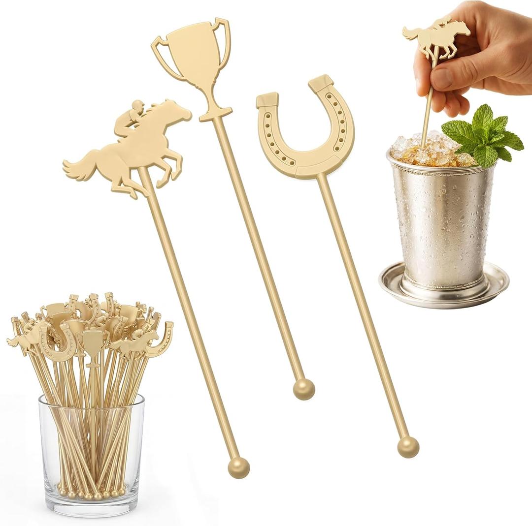 LemonRoad 24 Pcs 7 Inch Gold Derby Drink Stirrers Plastic Swizzle Stir Sticks with Horseshoe Trophy Racehorse Designs Derby Party Decorations for Coffee Cocktails Whiskey Beverage Bar Weddings Events