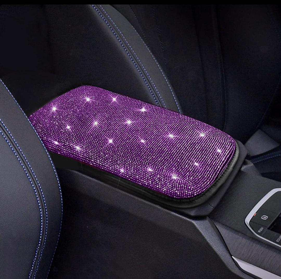 FUNOJOY Purple Car Accessories for Women Girls Diamond Rhinestone Car Armrest Cover Bling Car Center Console Cover Car Decor Women Gifts