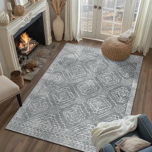jinchan 3x5 Area Rugs for Entryway - Machine Washable Modern Rug Kitchen Soft Faux Wool Stain Resistant Non-Slip Ultra-Thin Low-Pile Geometric Carpet for Entrance Bedroom Living Room(3x5ft,Dark Grey) (3' x 5' (Rectangular), Boho Dark Grey)