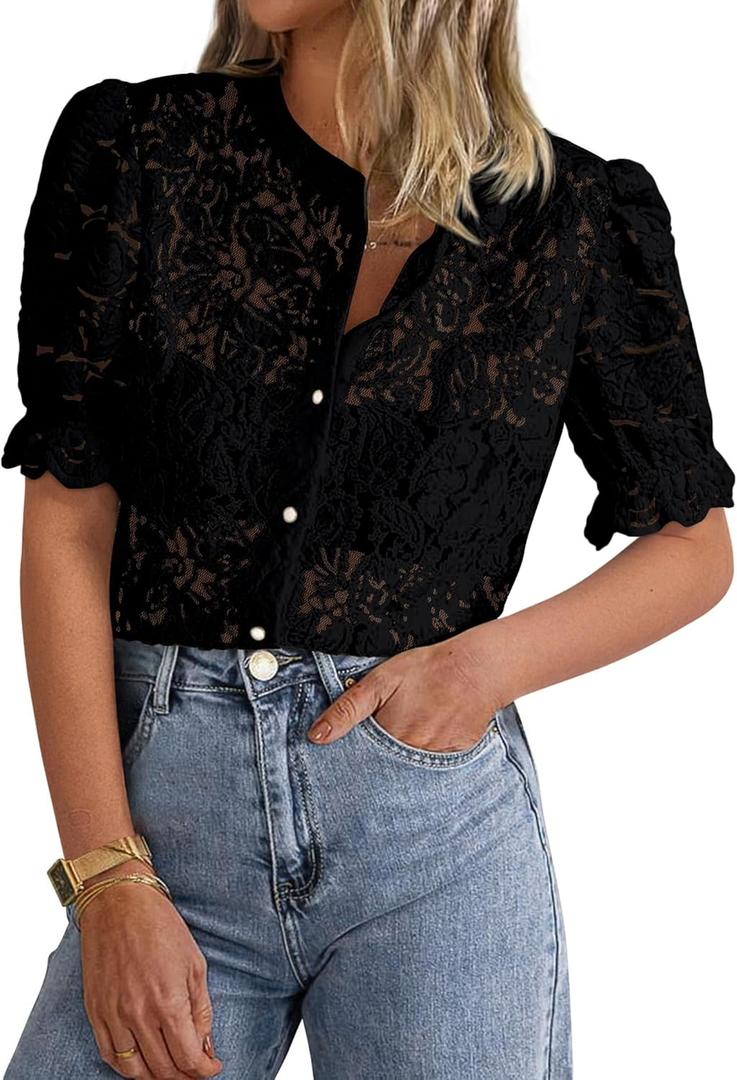 PRETTYGARDEN Womens 2025 Spring Lace Tops Short Puff Sleeve Casual Dressy Blouses Eyelet Crew Neck Button Down Shirts (Large, Black)
