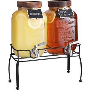 mustry Glass Drink Dispenser for Parties, 1 Gallon Beverage Dispenser with Stand and Spigot Solid Stainless Steel, Used as Lemonade Dispenser Sun Tea Jar Kombucha Jar, Set of 2