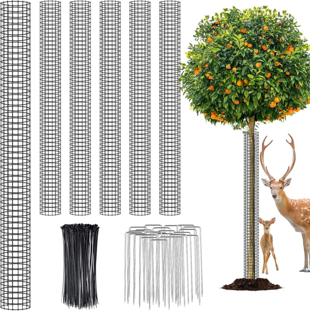 6PCS 48'' Plastic Tree Protectors from Deer, Mesh Tree Bark Protector Guard from Deer, Tree Cages for Deer, Tree Trunk Protector to Protect Bark from Deer Mowers with Zip Ties & Metal Stakes (Large)