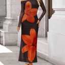 ZESICA Women's Long Sleeve Floral Maxi Dress 2026 Fall Off Shoulder Bodycon Ruched Mesh Cocktail Wedding Guest Dresses (XL)