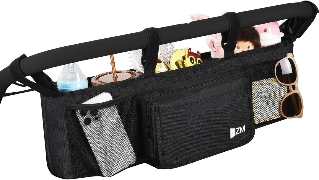 ZZM Double Stroller Organizer for Bob Duallie and Baby Jogger City Mini GT2, Double Baby Stroller Accessories with 2 Cooler Pockets, Parent Console Double Jogging Stroller Organizer(Empty Bag)