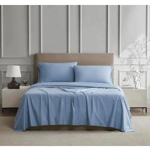 Linen Closet 100% Cotton Full Size, White  4-Piece Sheet Set, Cool & Crisp Percale, Lightweight & Comfortable Bed Set, Deep Pocket (Fits up to 17"), Softens with Every Wash, Blue