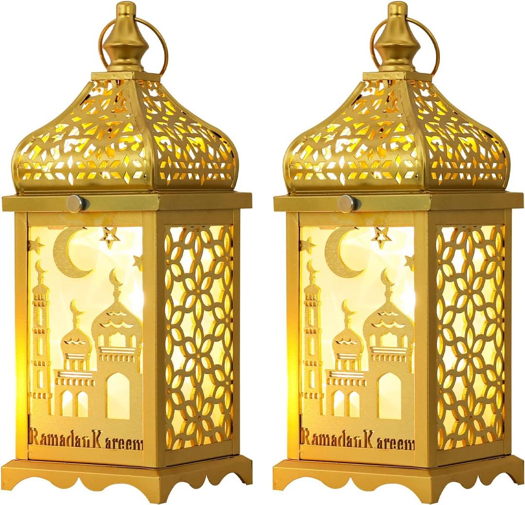 DECORKEY Ramadan Decorations for Home, 2Pcs 14'' Decorative Candle Lantern for Tabletop Mantel Decor, Vintage Metal Lantern Candle Holders for Indoor Outdoor Decor, EID Mubarak Gift