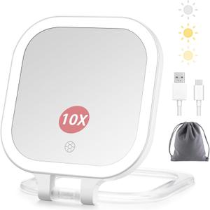 DESCHEN Rechargeable Travel Makeup Vanity Mirror with Lights and Magnification, Portable 1X/10X Magnifying Mirror with 3 Color Light, Lighted Makeup Mirror with Magnification, Folding LED Desk Mirror (White)