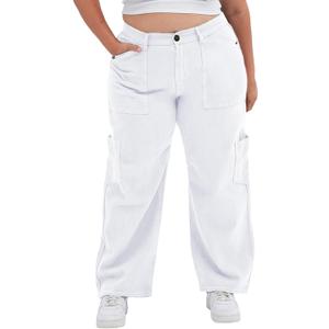 Eytino Plus Size Cargo Pants for Women High Waist Stretch Baggy Pants Casual Straight Leg Trousers with Pockets,2X White