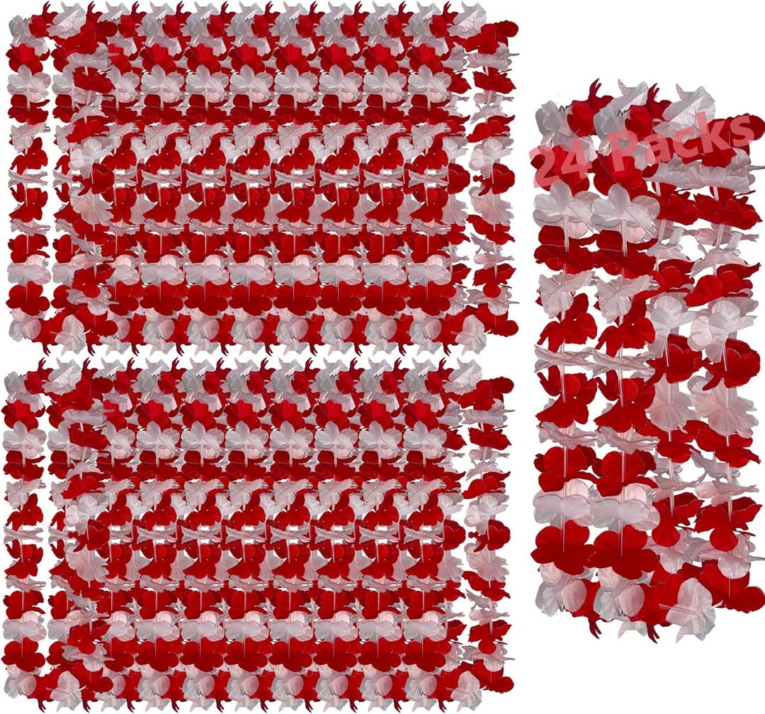 Leis for Luau Party, 24 Count Thick and Lush Flower, Graduations, Birthdays, Corporate Awards, Beach Weddings, Tropical Party Decorations Black Purple Blue Gold White (24pcs Red & White)