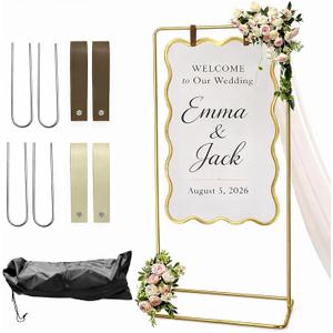 Wedding Welcome Sign Stand, Adjustable Metal Wedding Sign Holder with 2 Leather Straps, 4 Ground Stakes & Carry Bag, Sturdy Powder-Coated Steel Display Stand for Wedding Signs & Seating Chart(Gold)