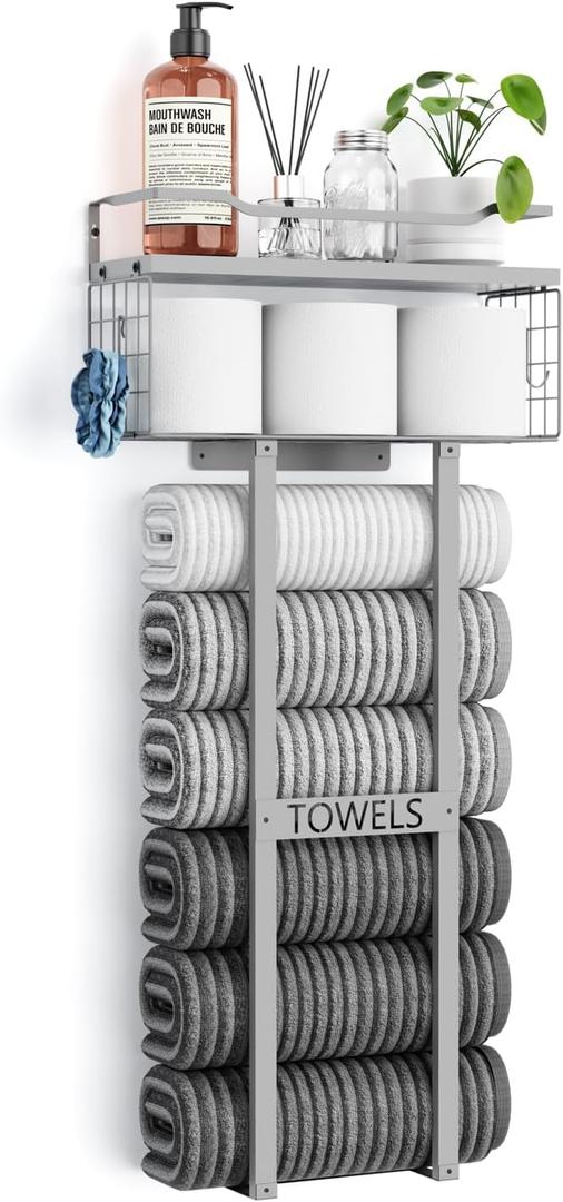 Towel Racks for Bathroom - Wall Mounted Metal Rack with Wood Plank, Bathroom Storage Organizer, Towel Holder Stores 6 Large Rolled Towels Easily, All Grey (XL (31"))