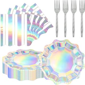 2 x Iridescent Silver Party Plates and Napkins Set 20 Pieces, 7 Inch Flower Silver Paper Plates Disposable with Forks Napkins, Iridescent Party Supplies for Birthday Wedding Bridal Shower Graduation