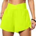 Blooming Jelly Women's Workout Shorts Athletic Running Shorts Crossover High Waisted Gym Shorts with Zipper Pockets (Medium, Neon Green)