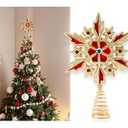 Christmas Traditions 8 inch Red Velvet+Gold Glittered Filigree Snowflake Christmas Tree Topper/ Home Décor Ornaments (Red Velvet+Gold)