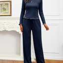 Gargenwed Women's Two-Piece Lounge Set, Long Sleeve Top and Wide Leg Pants with Pocket Casual Comfort Outfit (Medium, Dark Blue)