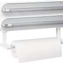 Magnetic Plastic Wrap Dispenser with Cutter - Refillable Aluminum Tin Foil and Plastic Wrap Organizer for Kitchen, Quasziwa Upgraded 3 in 1 Paper Towel Holder Wall Mount - Fits 12" Roll, White