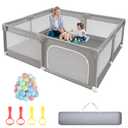 Sour Lemon Baby Playpen 79x71 inch Extra Large Playpen for Babies and Toddlers, Baby Fence Play Pen Yard with Safety Gate Fence with 50 Ocean Balls 4 Pull Rings for Kids Indoor Outdoor (Light Grey)